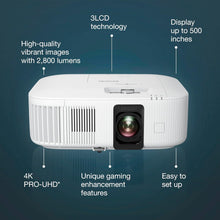 EPSON EH-TW6150 4K PRO-UHD projector, 2,800 lumen brightness, lag time of less than 20ms, 3LCD technology, USB, HDMI