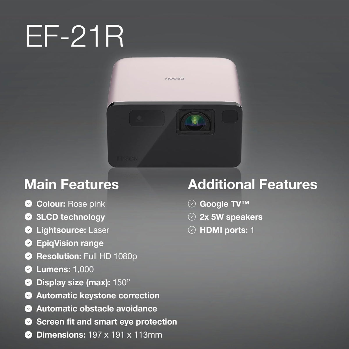 Epson EF-21 Mini Smart Laser Projector, Full HD, 1000 Lumens, 150 Inch Display with HDR, Google TV, Dolby Atmos Sound, Gaming & Home Cinema – Quartz Rose