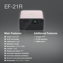 Epson EF-21 Mini Smart Laser Projector, Full HD, 1000 Lumens, 150 Inch Display with HDR, Google TV, Dolby Atmos Sound, Gaming & Home Cinema – Quartz Rose
