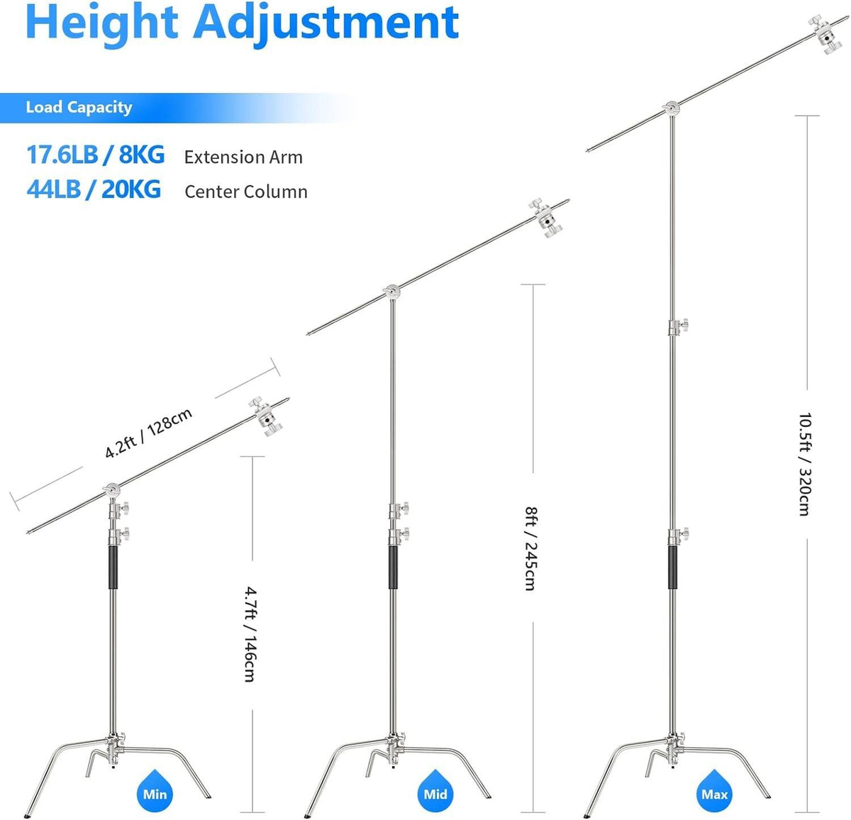 Neewer Pro 100% Stainless Steel Heavy Duty C Stand with Boom Arm - Max Height 331cm Photography Light Stand with 120cm Holding Arm, 2 Grip Head for Studio Monolight, Softbox, Reflector | AWP012553