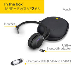 Jabra Evolve2 65 Wireless PC Headset – Noise Cancelling Microsoft Teams Certified Mono Headphones With Long-Lasting Battery – USB-A Bluetooth Adapter – Black