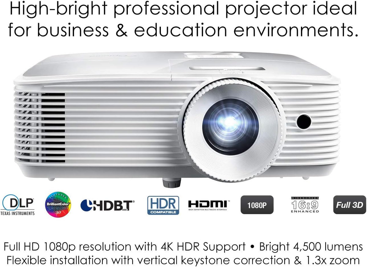 Optoma EH412 1080P HDR DLP Professional Projector | Super Bright 4500 Lumens | Business Presentations, Classrooms, and Meeting Rooms | 15000 Hour Lamp Life | 4K HDR Input | Speaker Built in, White