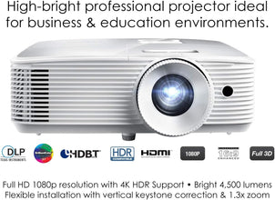 Optoma EH412 1080P HDR DLP Professional Projector | Super Bright 4500 Lumens | Business Presentations, Classrooms, and Meeting Rooms | 15000 Hour Lamp Life | 4K HDR Input | Speaker Built in, White