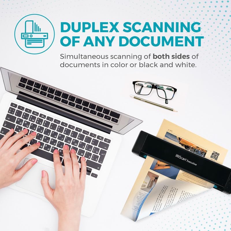 IRIScan Executive Portable Duplex Scanner - v4pro 8PPM Document Scanner: Free PDF Editor, USB, Scan to Word, PDF, XLS, Business Cards to Outlook, Duplex Scanner Win.