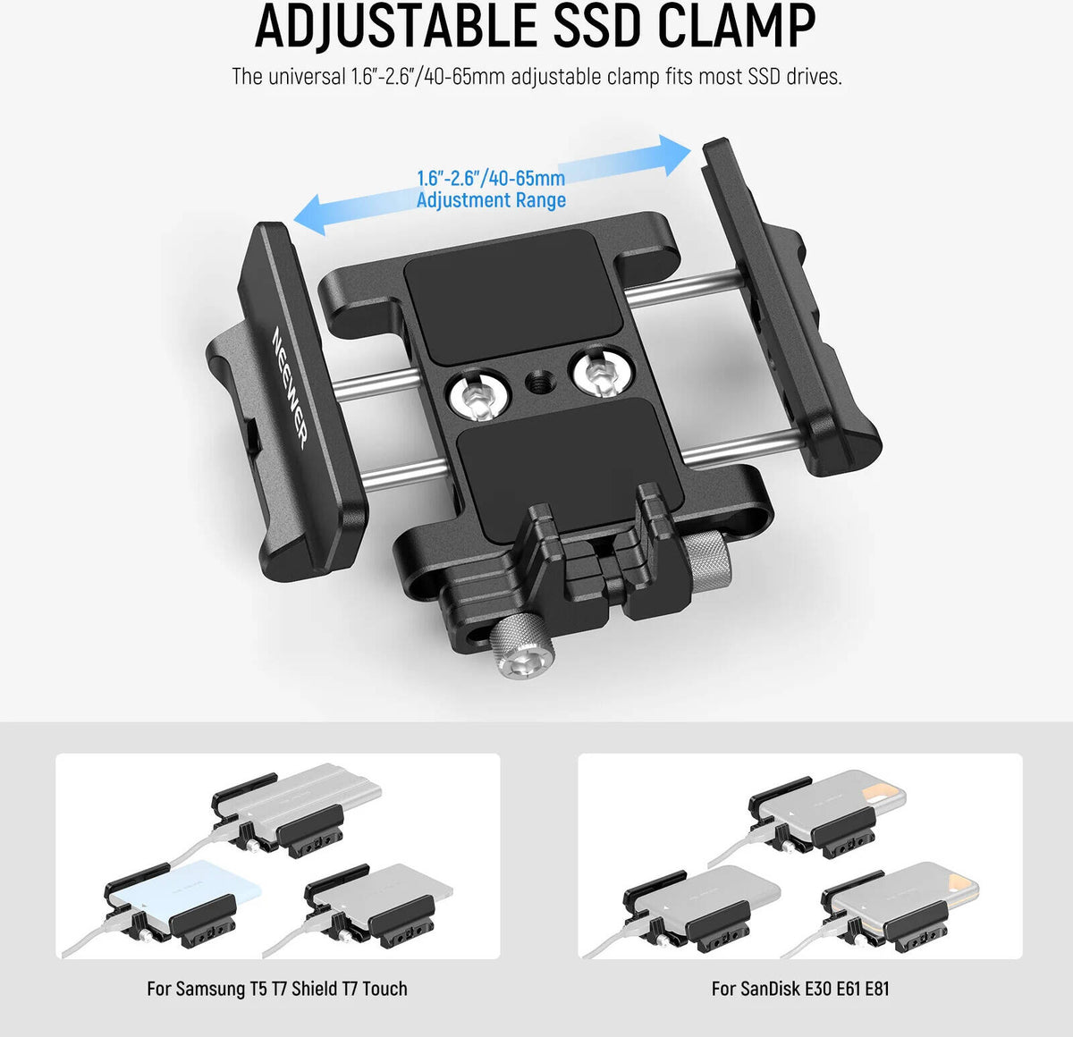 NEEWER Mount Bracket SSD Holder with Cold Shoe Clamp, 1.6"-2.6" for Samsung T5 T7 SSD SanDisk Compatible with SmallRig Cage for BMPCC 4K 6K Compatible with 16 15 Pro Cage, UA035