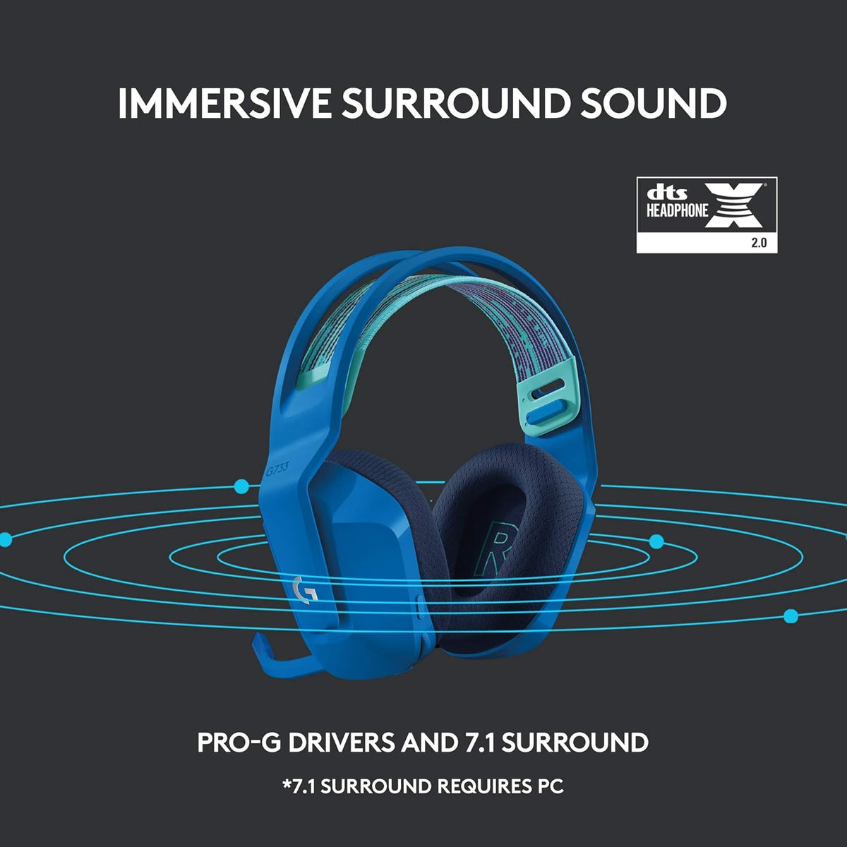 Logitech G733 Lightspeed Wireless Gaming Headset With SUSpension Headband, Lightsync Rgb, Blue Vo!Ce Mic Technology And Pro-G Audio Drivers - Blue