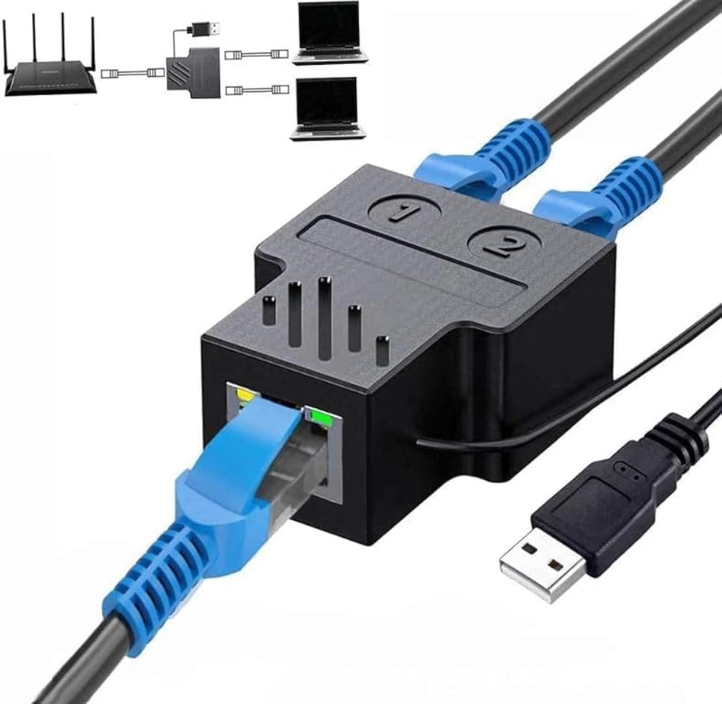 RJ45 Ethernet 1 to 2 Splitter Adapter, 2 Ports for Simultaneous Use, High Speed 100Mbps Internet Network LAN Socket Extension with USB Connector for PC Computer Laptop TV Box Router Game Console