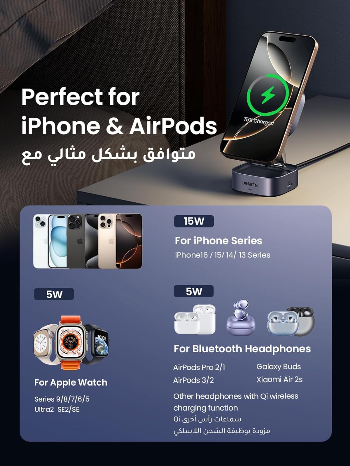 UGREEN Foldable 2-in-1 MagFlow Qi2 Wireless Charging Station 15W for Apple Magsafe Charger iPhone, Fast Magnetic Wireless Charger Stand for iPhone 16 15 Series, AirPods, iWatch - With 1M USB C Cable