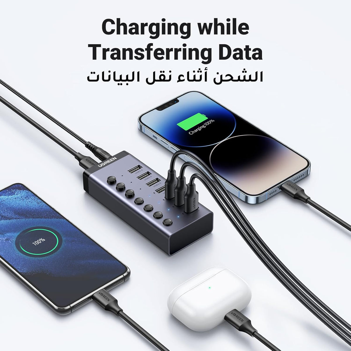 UGREEN Powered USB Hub 3.0, 7-Ports Charging Extender Data Hub (12V/2A Not Fast Charge) Splitter Extension, Power USB A Adapter with Individual On/Off Switches for Laptop, PC, HDD, Flash Drive