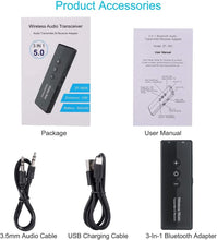 Exrp Bluetooth 5.0 Transmitter 3-in-1, Portable Wireless Bluetooth Adapter, Rechargeable Battery Powered Black Bluetooth Adapter for TV, Car Stereo System