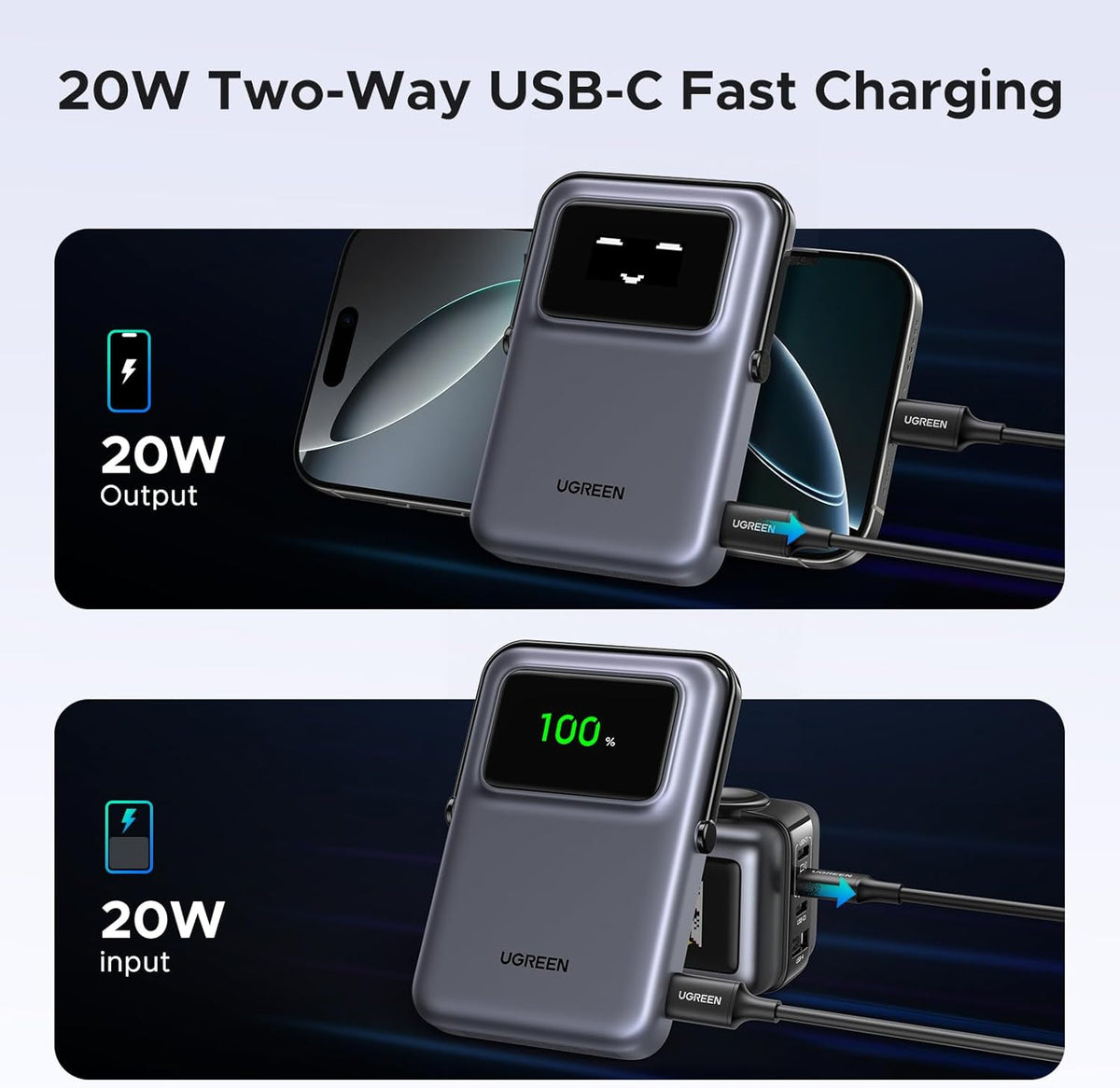 UGREEN Uno Wireless Power Bank Fast Charging 10000mAh Magnetic Mobile Phone Portable Charger PD20W with Foldable Stand and TFT Display Battery Pack MagSafe Compatible with iPhone 16-12 Series, Black