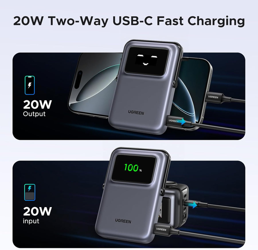 UGREEN Uno Wireless Power Bank Fast Charging 10000mAh Magnetic Mobile Phone Portable Charger PD20W with Foldable Stand and TFT Display Battery Pack MagSafe Compatible with iPhone 16-12 Series
