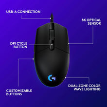 Logitech G Logitech G203 Wired Gaming Mouse, 8,000 Dpi, Rainbow Optical Effect Lightsync Rgb, 6 Programmable Buttons, On-Board Memory, Screen Mapping, Pc/Mac Computer And Laptop Compatible - Black