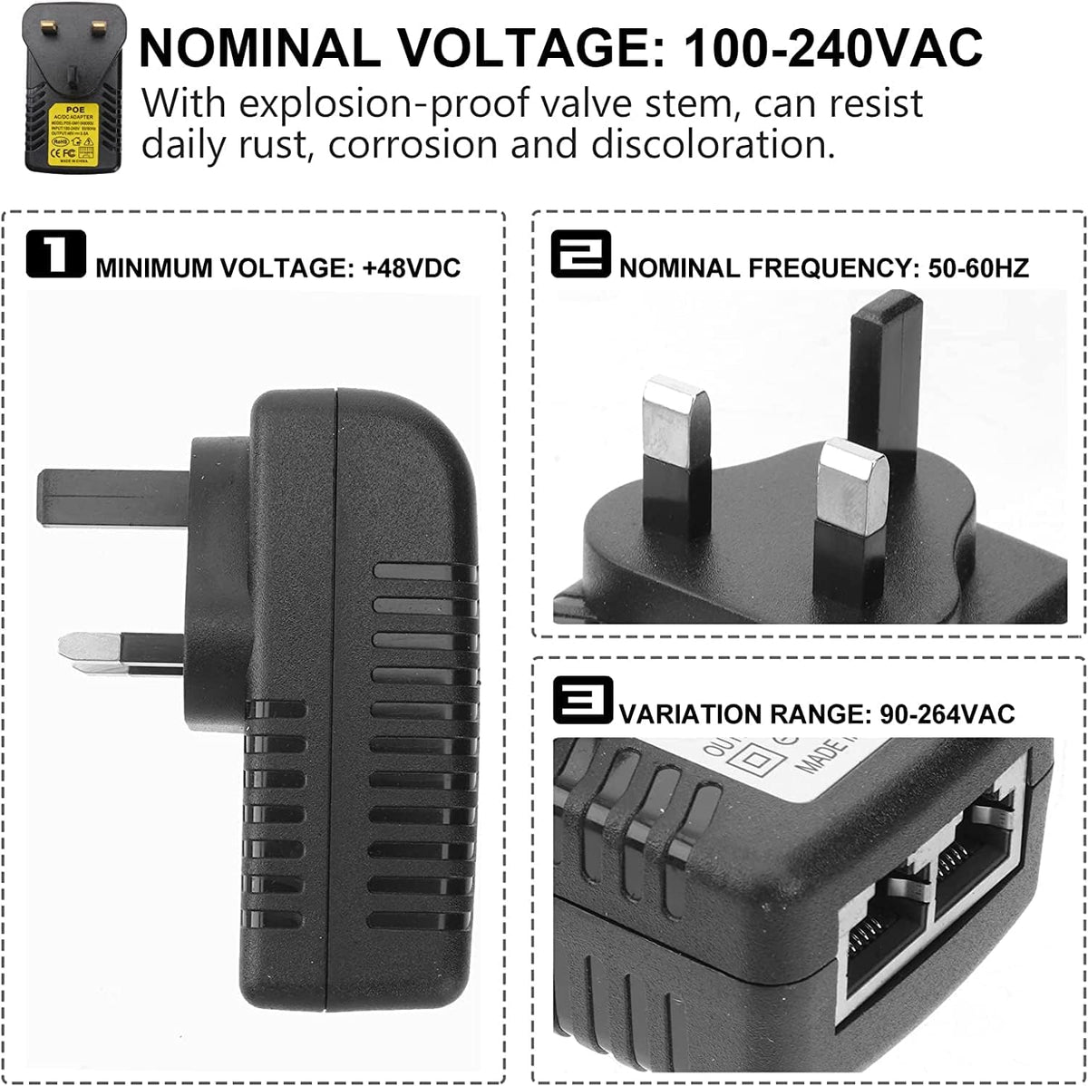 SYOSI DC Power Supply Adapter, 48V 0.5A POE Injector Power Supply Over Ethernet Adapter with UK Plug for POE Non POE devices via only an Ethernet cable Device Black