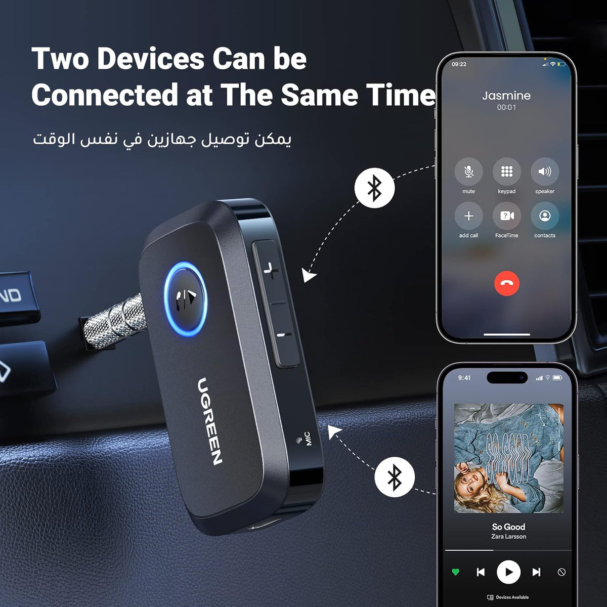 UGREEN Bluetooth Adapter 5.4 for Car, Bluetooth Receiver 3.5mm Jack with Built-in Microphone for Car Stereo/Speaker/Home Stereo/Wired Headphones,15H Battery Life