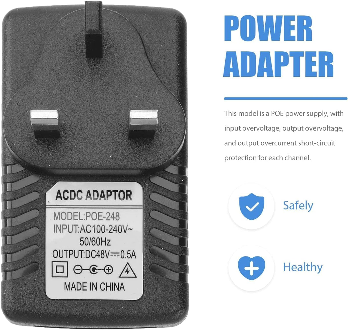 SYOSI DC Power Supply Adapter, 48V 0.5A POE Injector Power Supply Over Ethernet Adapter with UK Plug for POE Non POE devices via only an Ethernet cable Device Black