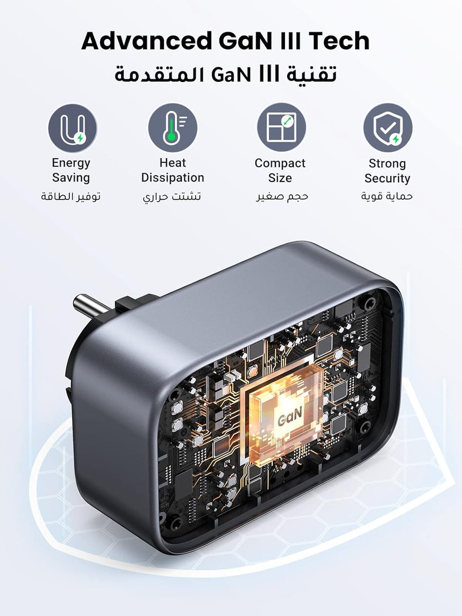 UGREEN 4-in-1 Travel Charger Adapter 30W Accepts Devices with UAE/KSA/UK Plugs for Use in Type C Sockets in European Plug Travel Converter Charger with 3 USB Ports