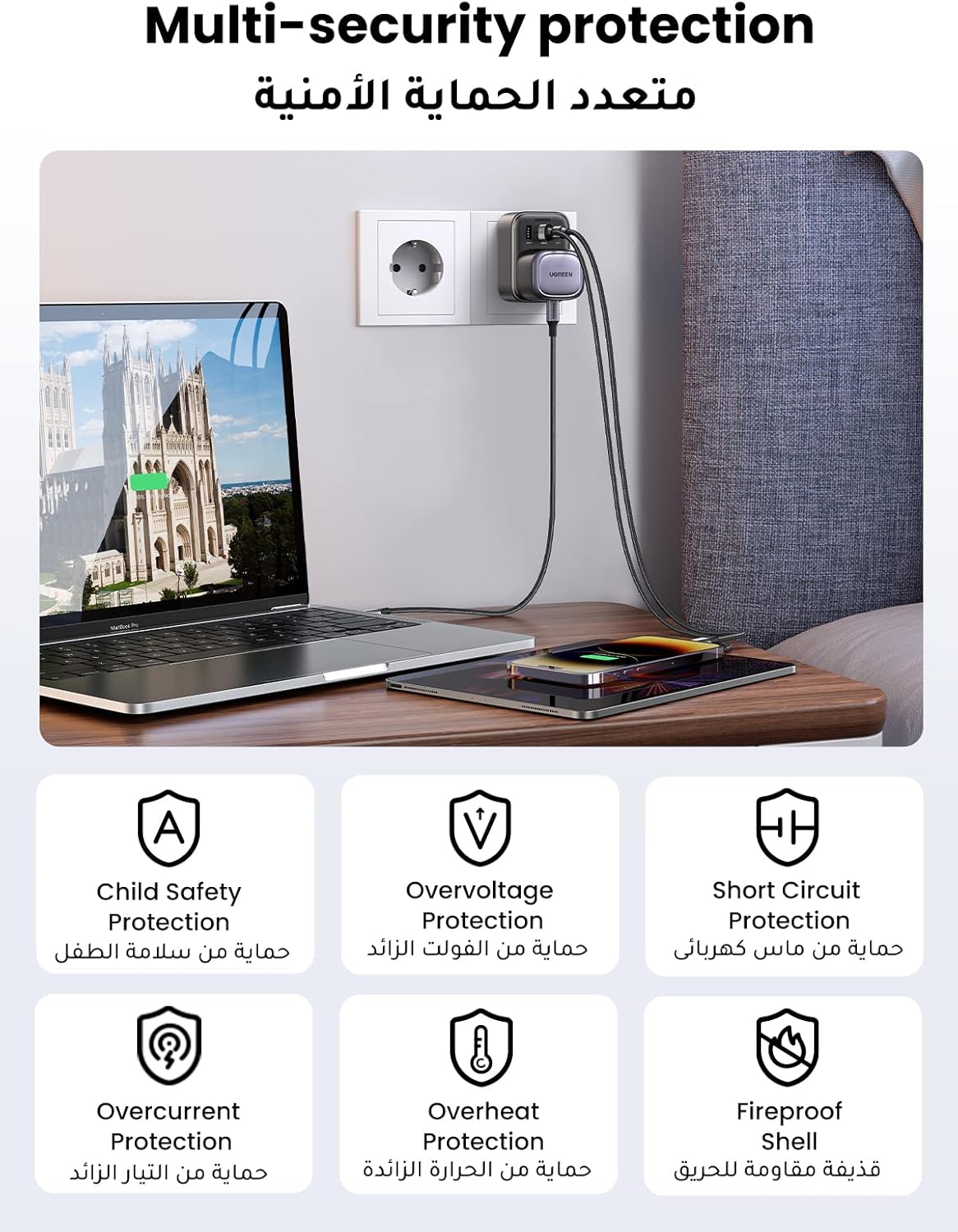 UGREEN 4-in-1 Travel Charger Adapter 30W Accepts Devices with UAE/KSA/UK Plugs for Use in Type C Sockets in European Plug Travel Converter Charger with 3 USB Ports, Type G 3 Pin to Euro C Plug