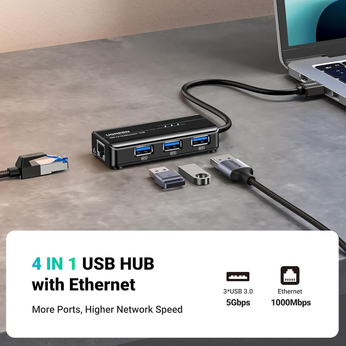UGREEN USB 3.0 Hub Ethernet Adapter with 3 Port USB 3.0 Ethernet Gigabit Network Converter RJ45 Lan Adaptor Compatible with MacBook Pro/Air, iMac Pro, Surface, Chromebook, Switch Console
