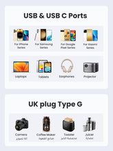UGREEN 4-in-1 Travel Charger Adapter 30W Accepts Devices with UAE/KSA/UK Plugs for Use in Type C Sockets in European Plug Travel Converter Charger with 3 USB Ports, Type G 3 Pin to Euro C Plug