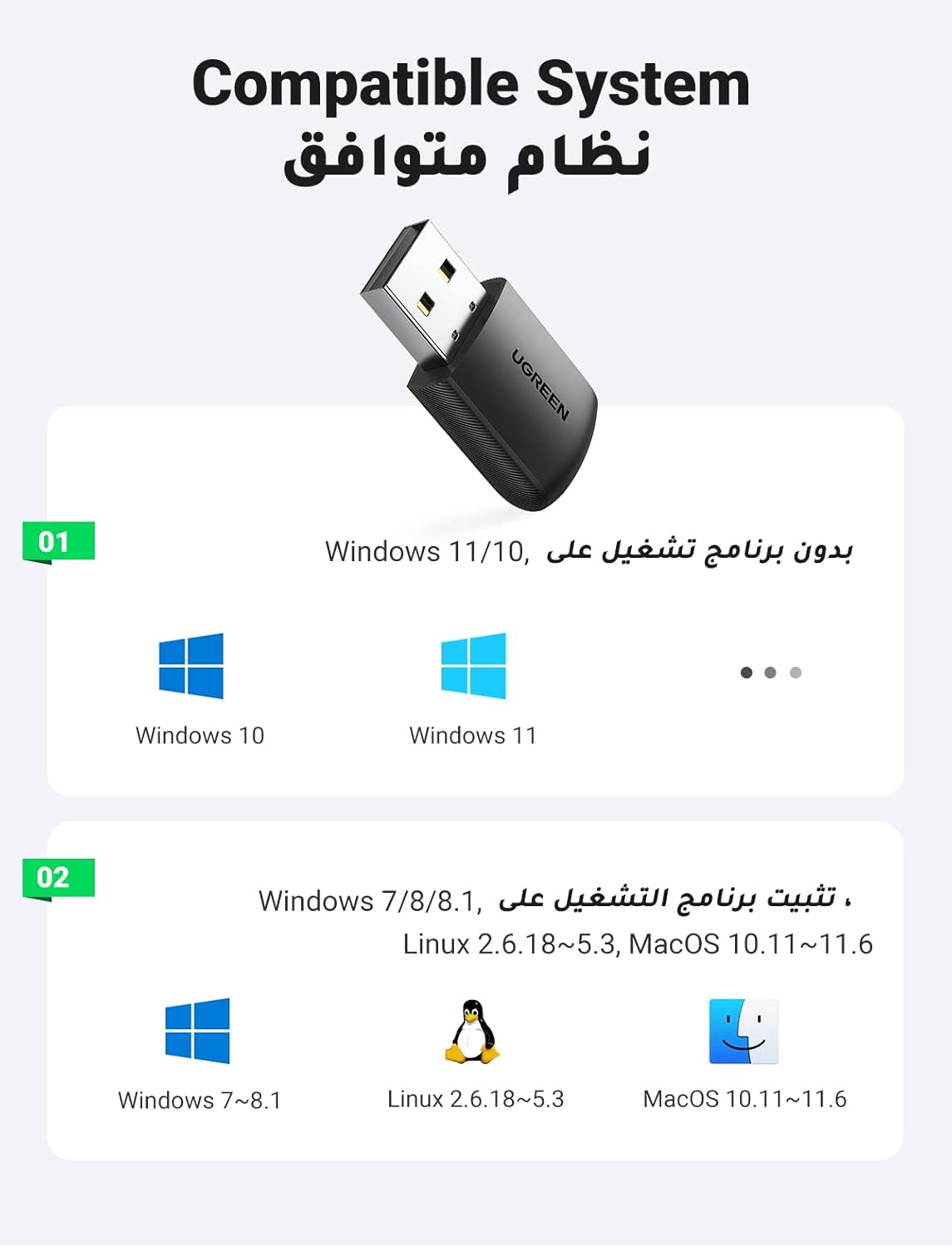 UGREEN USB WiFi Adapter for Desktop PC AC650 5G/2.4G Dual Band WiFi Dongle Mini Wireless USB Computer Network Adapter Compatible with Windows 11, 10, 8.1, 8, 7