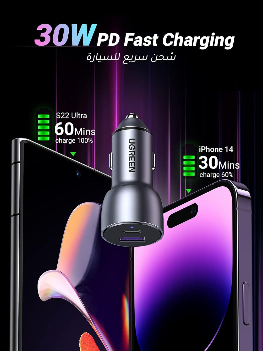 UGREEN 52.5W Car Charger Cable PD30W iPhone 16 Pro Car Charger Fast Dual USB Ports Fast Automobile Power Adapter Samsung S24 Series 25W With 1M USB C Cable for Samsung