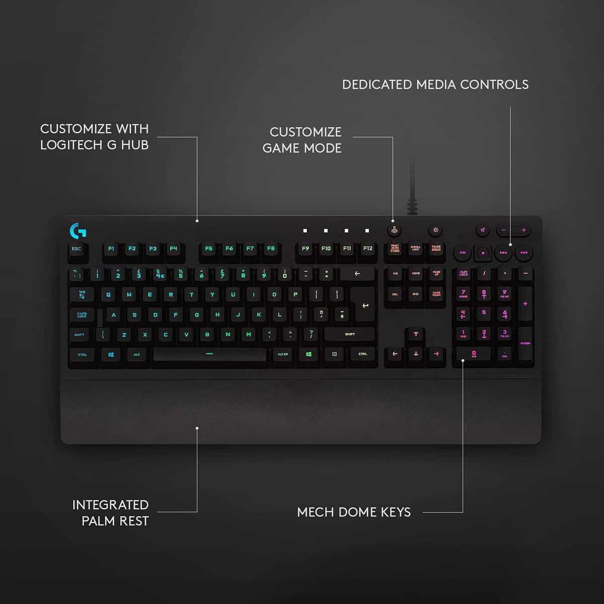 Logitech G G213 Prodigy Gaming Keyboard, RGB Lightsync Backlit Keys, Spill-Resistant, Customizable Keys, Dedicated Multi-Media Keys, Qwerty Us International Layout - Black