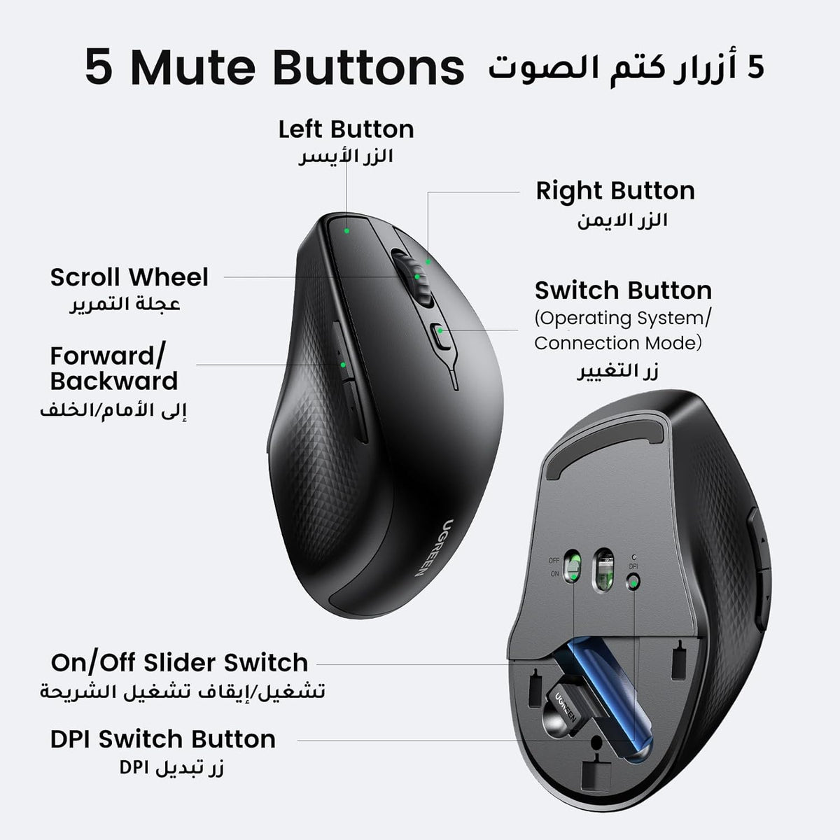 UGREEN Upgraded Ergonomic Mouse Comfortable for Large Sized Hands, Bluetooth Mouse for Laptop/Tablet, Silent Click, Dual Mode Bluetooth & 2.4G Nano Wireless Mice for PC/Smart TV/Multi-Devices Black