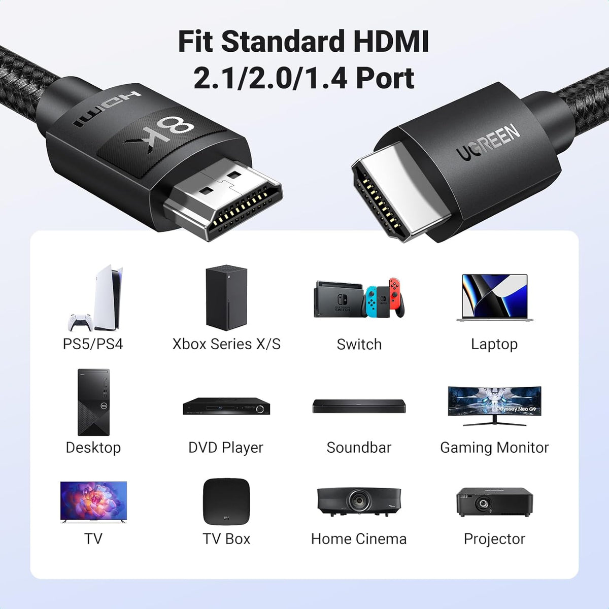 UGREEN HDMI Cable 2M 8K HDMI 2.1 Ultra HD High-Speed 48Gbps 8K@60Hz Braided Cord eARC Dynamic HDR Dolby Vision Compatible with MacBook Pro PS5 Switch TV Xbox Roku UHD TV Blu-ray Projector
