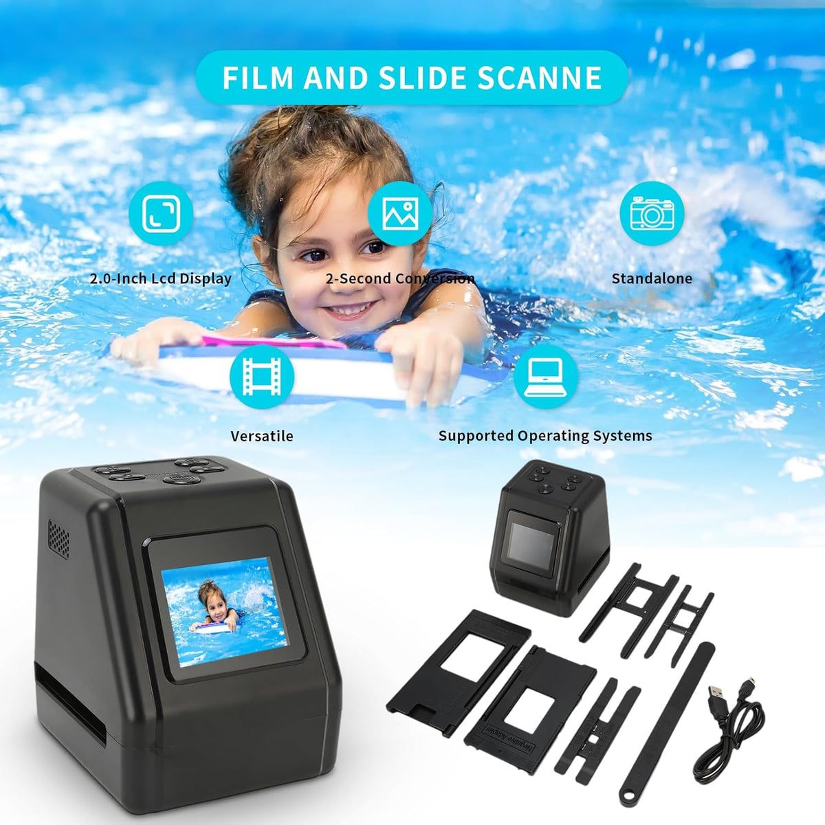 Gugxiom Film and Slide Scanne, All in 1 Film & Slide Scanner Converts 35mm 135 110 126 and Super 8 Films, Slides, Negatives to Digital JPG Photos, Built in 128MB Memory, 2 LCD Screen