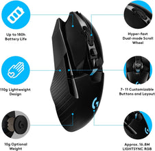 Logitech G903 LIGHTSPEED Wireless Gaming Mouse W/Hero 25K Sensor, PowerPlay Compatible, 140+ Hour with Rechargeable Battery and Lightsync RGB, Ambidextrous, 107G+10G optional, 25,600 DPI, Black