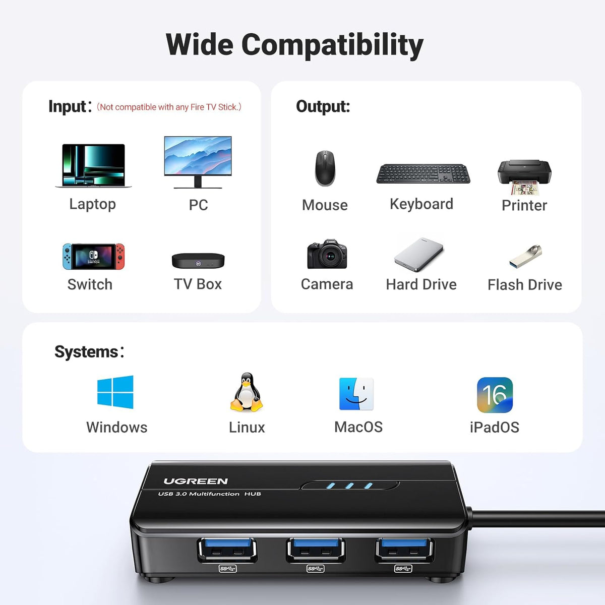 UGREEN USB 3.0 Hub Ethernet Adapter with 3 Port USB 3.0 Ethernet Gigabit Network Converter RJ45 Lan Adaptor Compatible with MacBook Pro/Air, iMac Pro, Surface, Chromebook, Switch Console