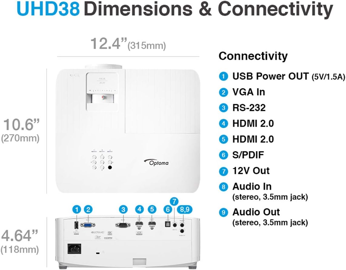 Optoma UHD38 Bright, True 4K UHD Gaming Projector | 4000 Lumens | 4.2ms Response Time at 1080p with Enhanced Gaming Mode | Lowest Input Lag on 4K Projector | 240Hz Refresh Rate | HDR10 & HLG