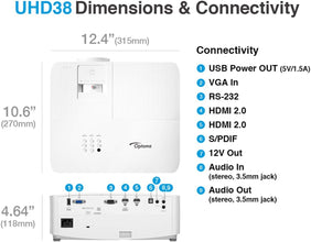 Optoma UHD38 Bright, True 4K UHD Gaming Projector | 4000 Lumens | 4.2ms Response Time at 1080p with Enhanced Gaming Mode | Lowest Input Lag on 4K Projector | 240Hz Refresh Rate | HDR10 & HLG