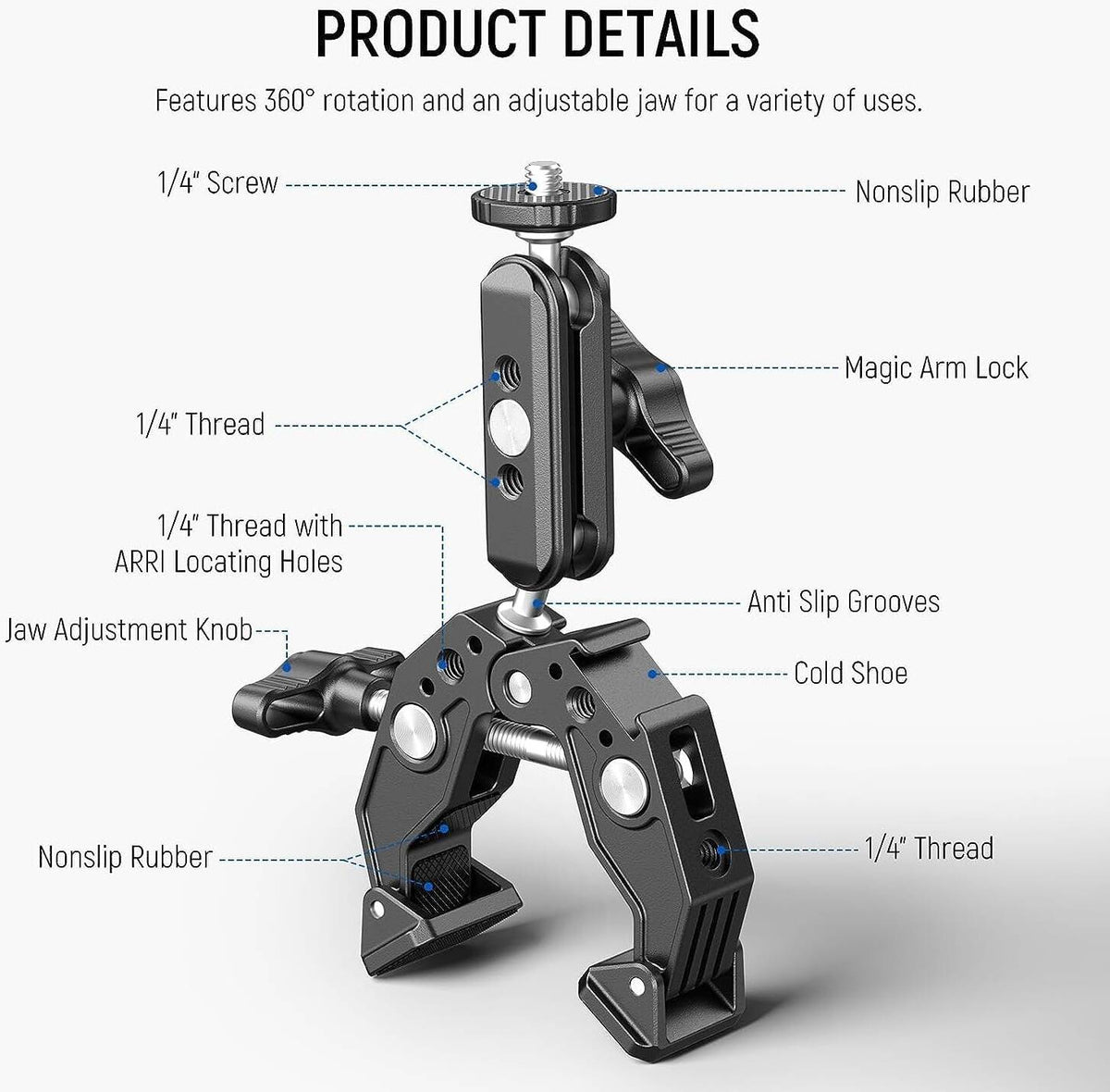 Neewer Super Clamp with 3" Dual Ballhead Magic Arm, Cold Shoe, 1/4" 3/8" Threads, Phone/Action Camera Mount Adapter for Desk Tripod Tube Crossbar Gimbal Rods Compatible with SmallRig GoPro DJI, ST83