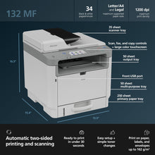 RICOH 132 MF Black & White Laser All-in-One Printer | 34ppm | Multifunction Copy Scan Fax | Touchscreen | Easy Change Toner | Ethernet, USB | Duplex Printing
