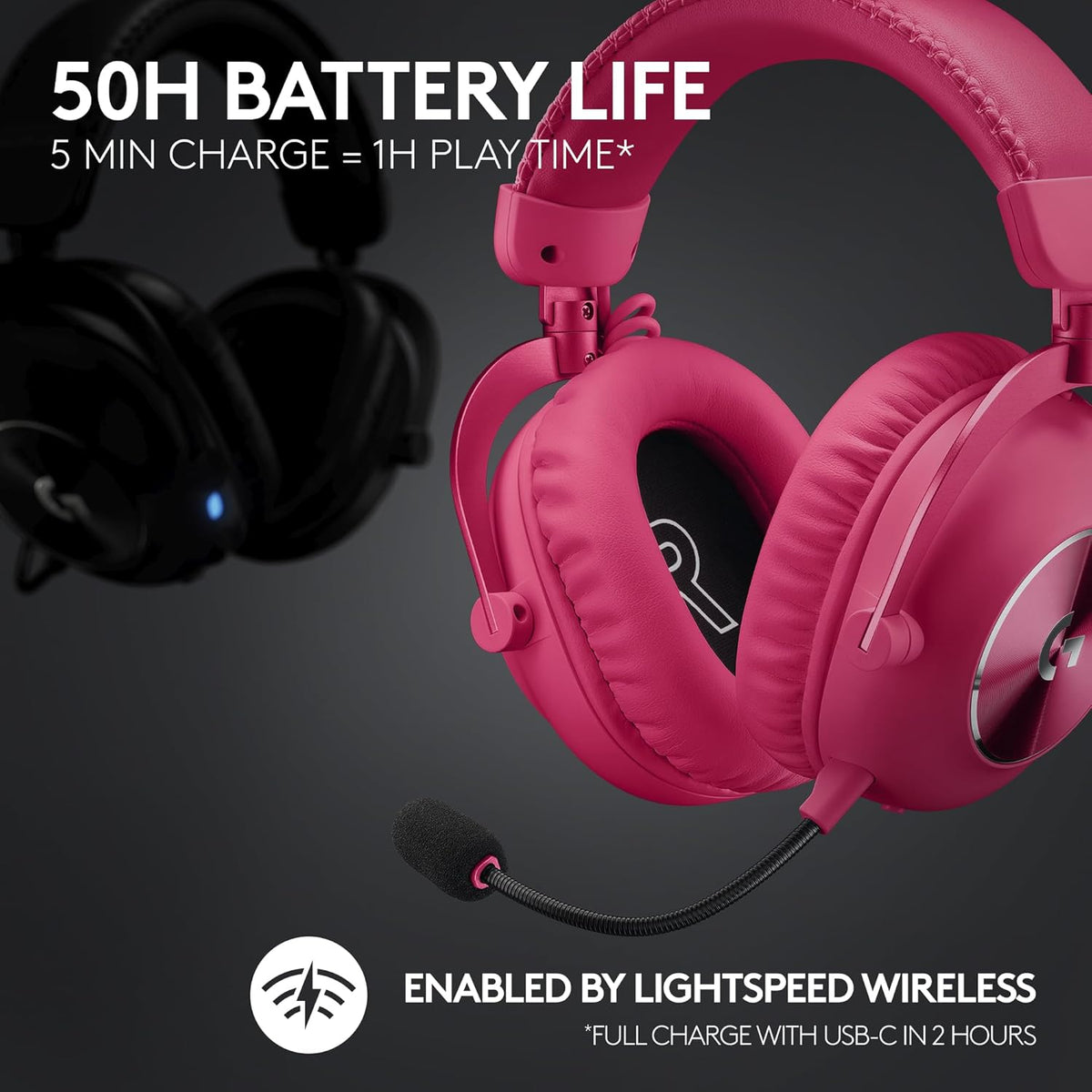 Logitech G PRO X 2 LIGHTSPEED Wireless Gaming Headset, Detachable Boom Mic, 50mm Graphene Drivers, DTS:X Headphone 2.0-7.1 Surround, Bluetooth/USB/3.5mm Aux, for PC, PS5 - Magenta