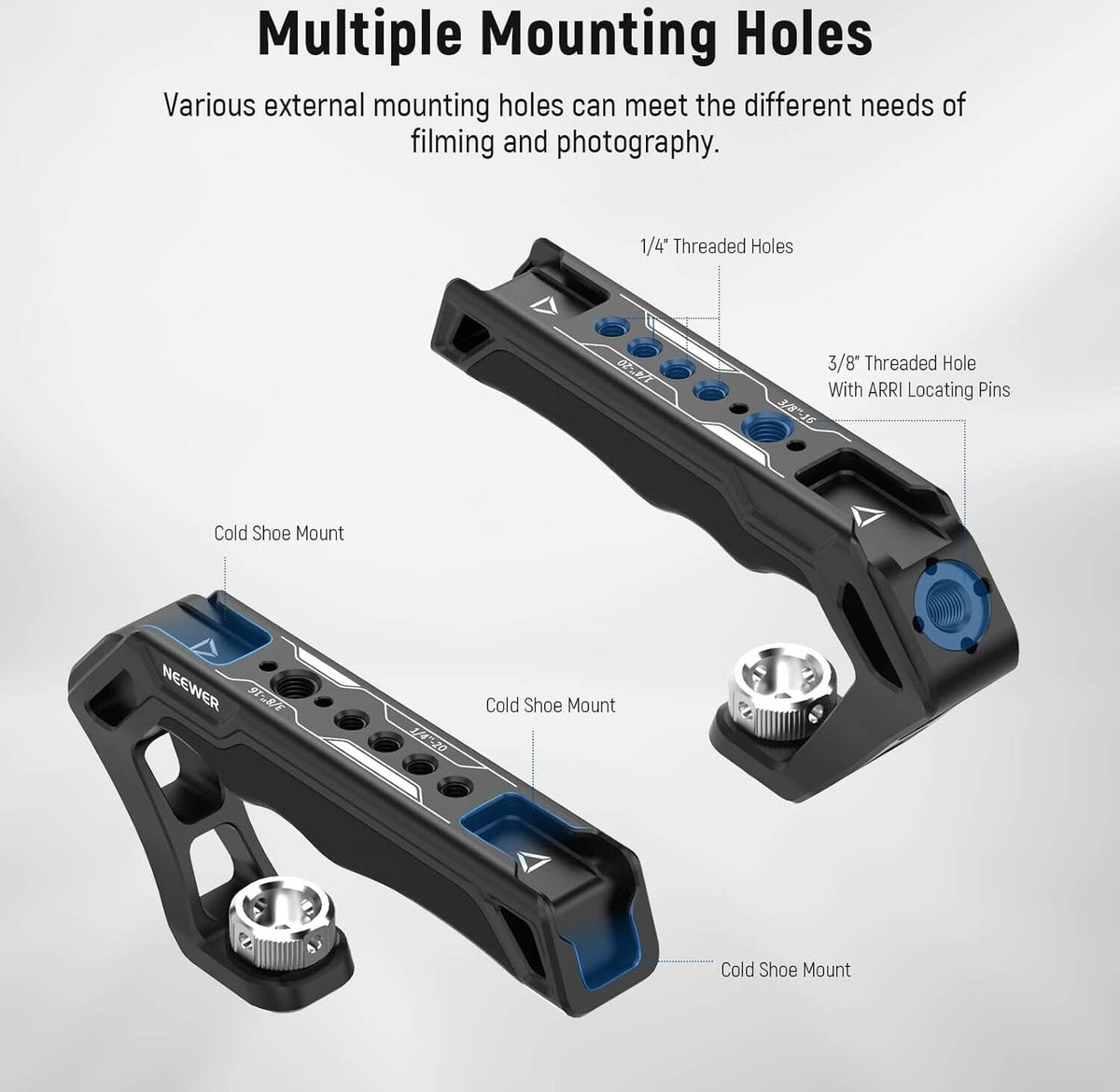 NEEWER Camera Top Handle CA007 with ARRI 3/8" Locating Pins Silicone Grip, 1/4" & 3/8" Mounting Threads, 3 Cold Shoe Mounts Compatible with Camera Cages, Video Rigs, SmallRig Handles