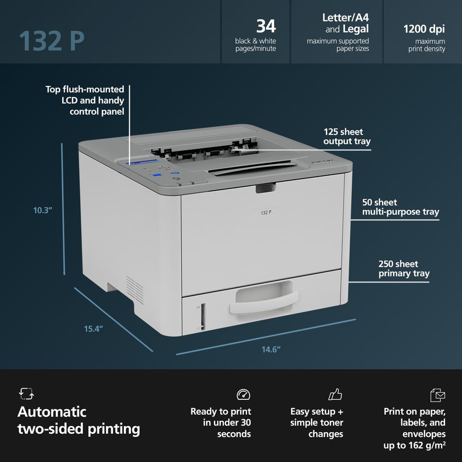 RICOH 132 P Compact Black & White Duplex Laser Printer 34PPM