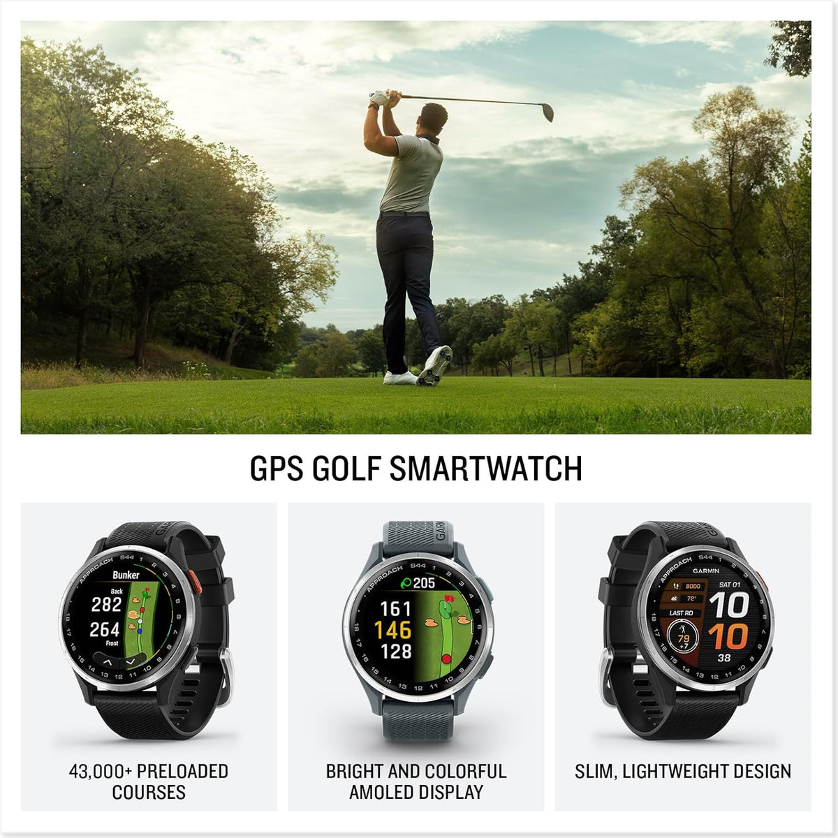 GARMIN GPS Golf Lightweight Smartwatch Approach S44 | Bright and Colorful 1.2 Inch Amoled Display | Upto 15 Hours of Battery Life in GPS Mode 43,000+ Preloaded Golf Courses