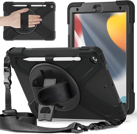 Herize iPad 9th 8th Generation Case Cover iPad 7th Case iPad 10.2 inch Case 2021/2019/2020 with Pencil Holder Screen Protector Full Body Heavy Duty Shockproof Durable Protective Cover for kids Black