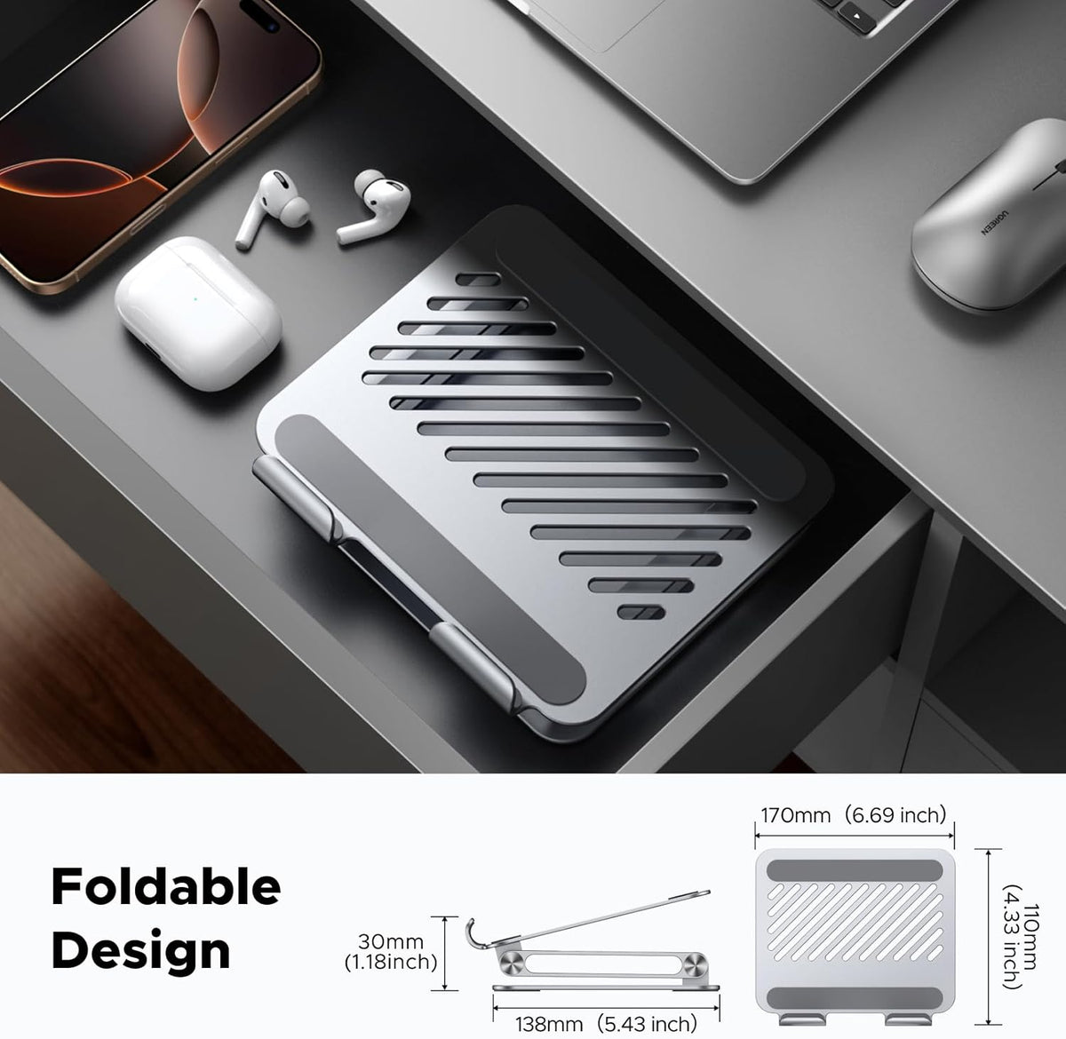 UGREEN iPad Stand Metal Ultra Stable Foldable Tablet Stand Angle Adjustable Tablet Holder for Desk Compatible with All 4.7-12.9'' Tabs iPad Pro/Air/Mini Galaxy Tab iPhone 16 Pro Max S25 Ultra Silver