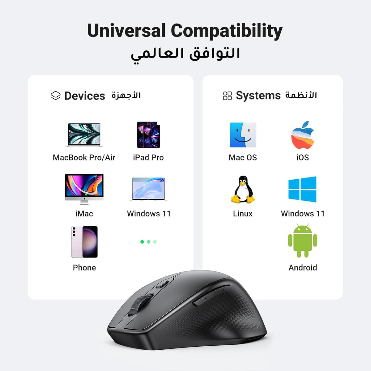 UGREEN Upgraded Ergonomic Mouse Comfortable for Large Sized Hands, Bluetooth Mouse for Laptop/Tablet, Silent Click, Dual Mode Bluetooth & 2.4G Nano Wireless Mice for PC/Smart TV/Multi-Devices Black