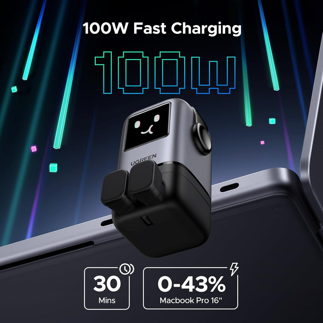 UGREEN UNO 100W USB C Charger 4-Port Nexode 100W GaN,LED Display,Compact Funny Fast Charger Type C Power Adapter for MacBook/HP/Dell/Lenovo