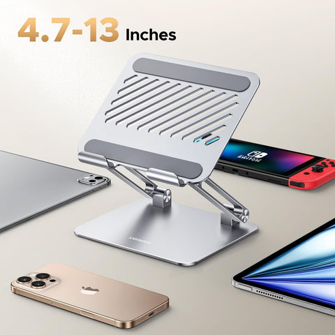 UGREEN iPad Stand Metal Ultra Stable Foldable Tablet Stand Angle Adjustable Tablet Holder for Desk Compatible with All 4.7-12.9'' Tabs iPad Pro/Air/Mini Galaxy Tab iPhone 16 Pro Max S25 Ultra Silver