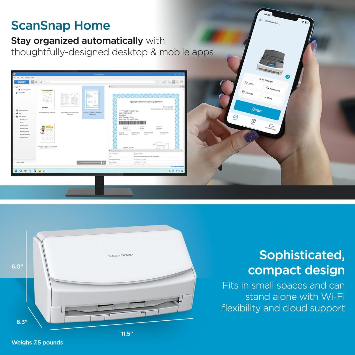ScanSnap Fujitsu iX1600 Wireless or USB High-Speed Cloud Enabled Document, Photo & Receipt Scanner with Large Touchscreen and Auto Document Feeder for Mac or PC, White