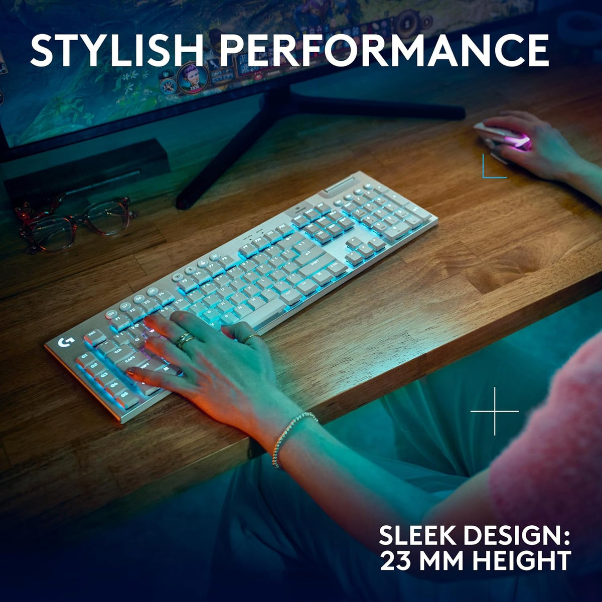 Logitech G915 X LIGHTSPEED Low-Profile Wireless Gaming Keyboard, Double-Shot PBT Keycaps,Fully Programmable Keys,RGB Backlighting, Sleek AluminumFinishing, GL Brown Tactile Switches-PC/Mac-White