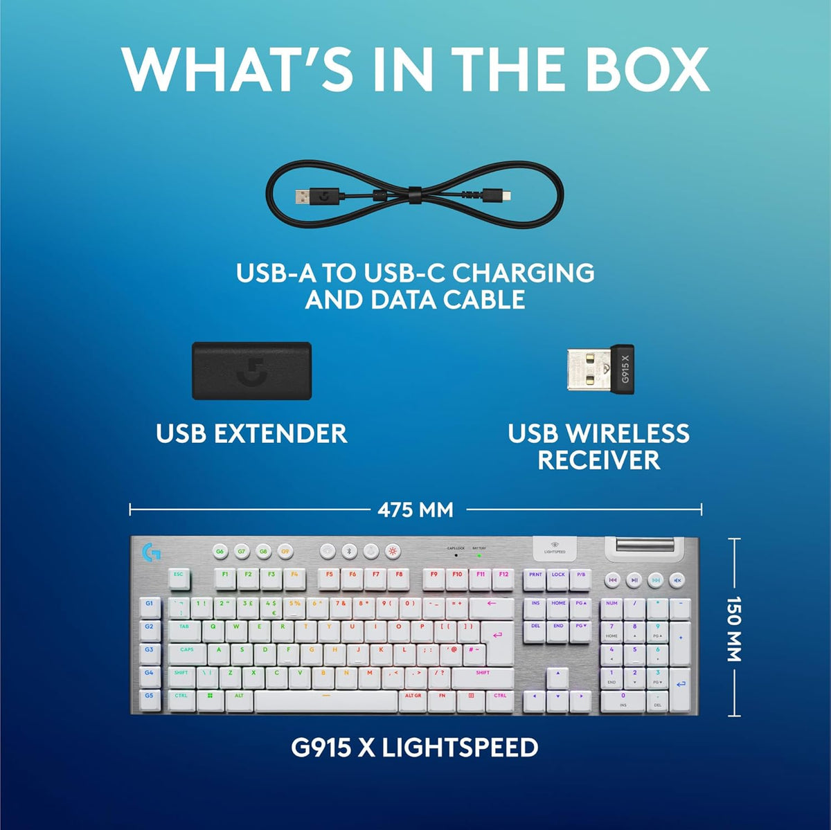 Logitech G915 X LIGHTSPEED Low-Profile Wireless Gaming Keyboard, Double-Shot PBT Keycaps,Fully Programmable Keys,RGB Backlighting, Sleek AluminumFinishing, GL Brown Tactile Switches-PC/Mac-White