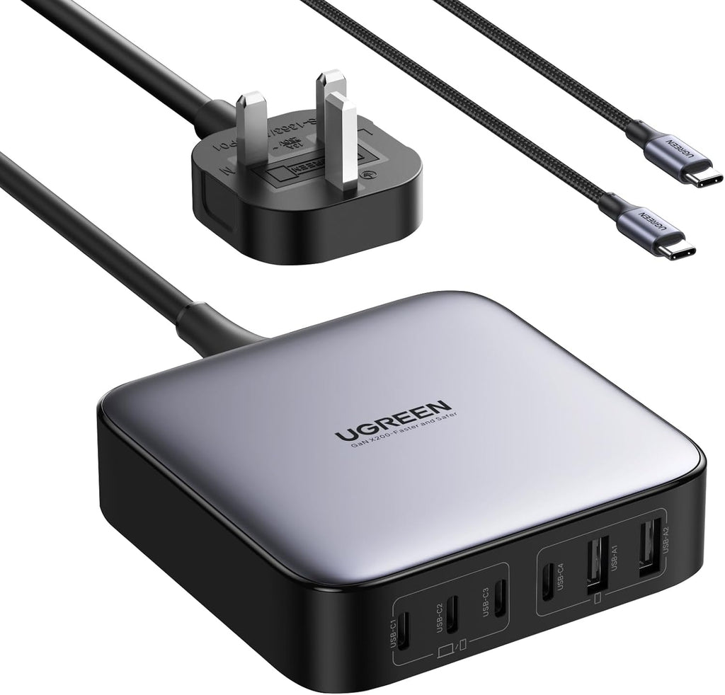 UGREEN Nexode Set 200W Fast USB C Charger 2M UK Plug Cord Station Multi-Function 6 in 1 GaN Charge Power Adapter Wall Plug with 1M 100W Cable for MacBook Pro/Air, iPhone 16, iPad Pro, Galaxy S25U etc
