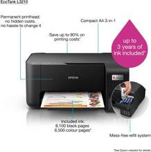 Epson EcoTank L3210 A4 All-in-One Ink Tank Printer, 5760 x 1440 dpi Resolution, Print/Scan/Copy, Up to 33.0 ppm Print Speed, 180 x 1 Nozzles, Spill Free, Error Free Refilling, USB, Black | C11CJ68405
